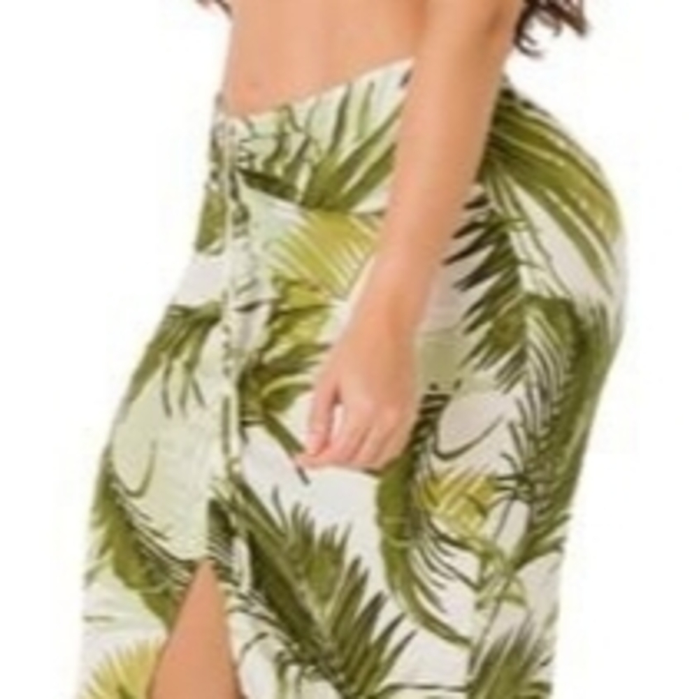 Tropical Green Leaf Print Swim Skirt